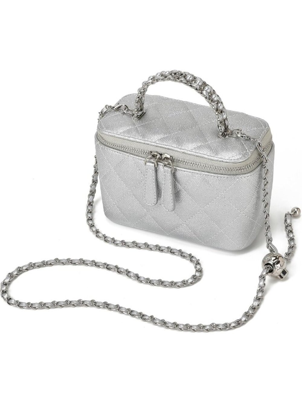 Chic Quilted Vanity Bag, Mini Crossbody Purse with Pearl Chain & Top Handle